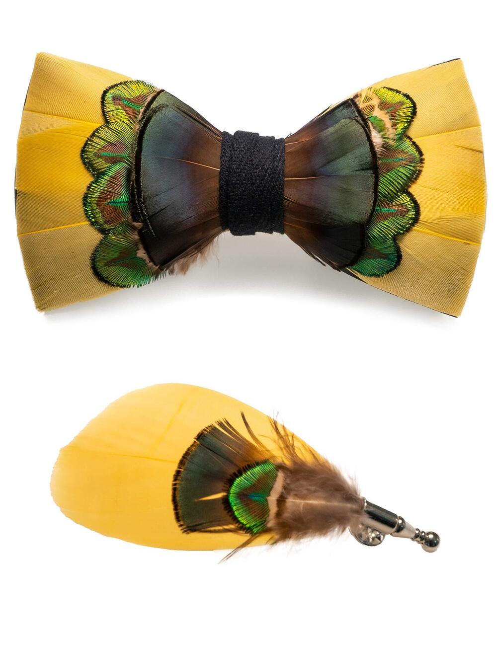 7370 Handmade Feather Pre-tied Yellow Bow tie and Brooch Sets 15